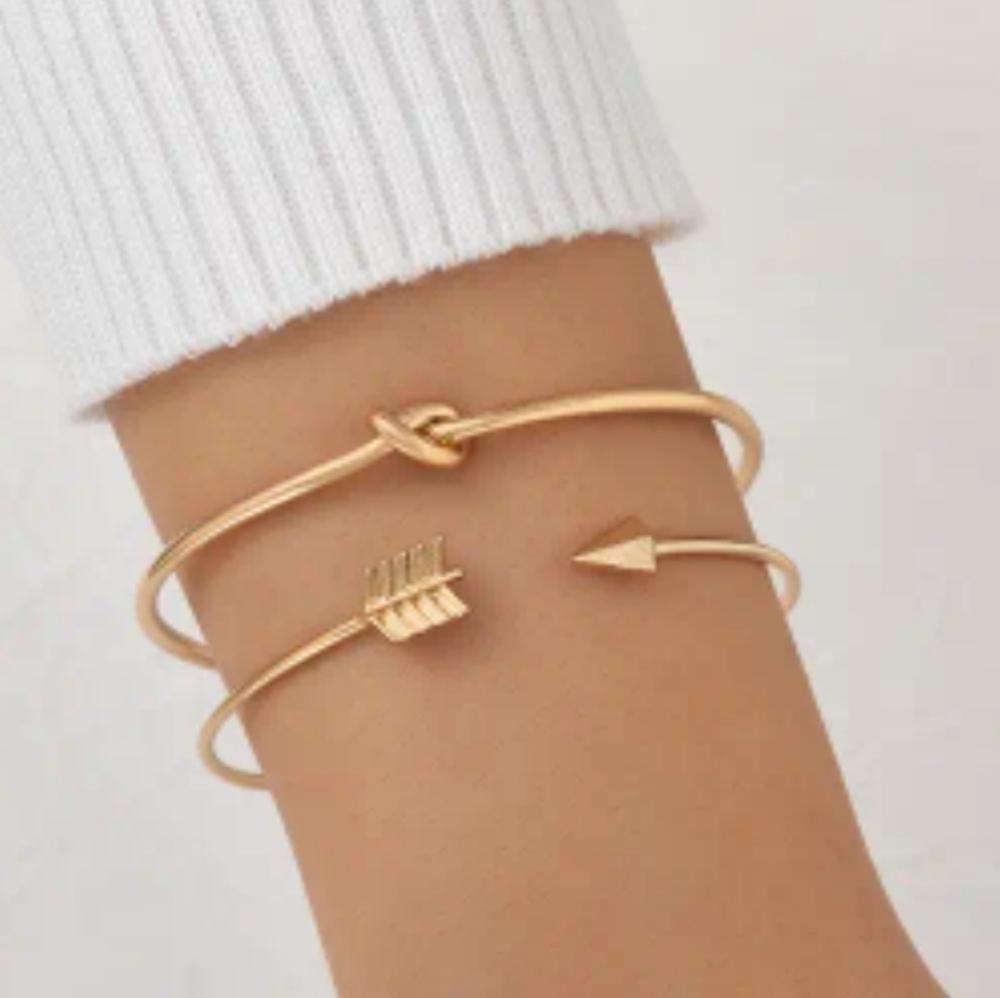 NWT Knotted & Arrow Shape Open Bangle Adjustable 2pc Gold Bracelets